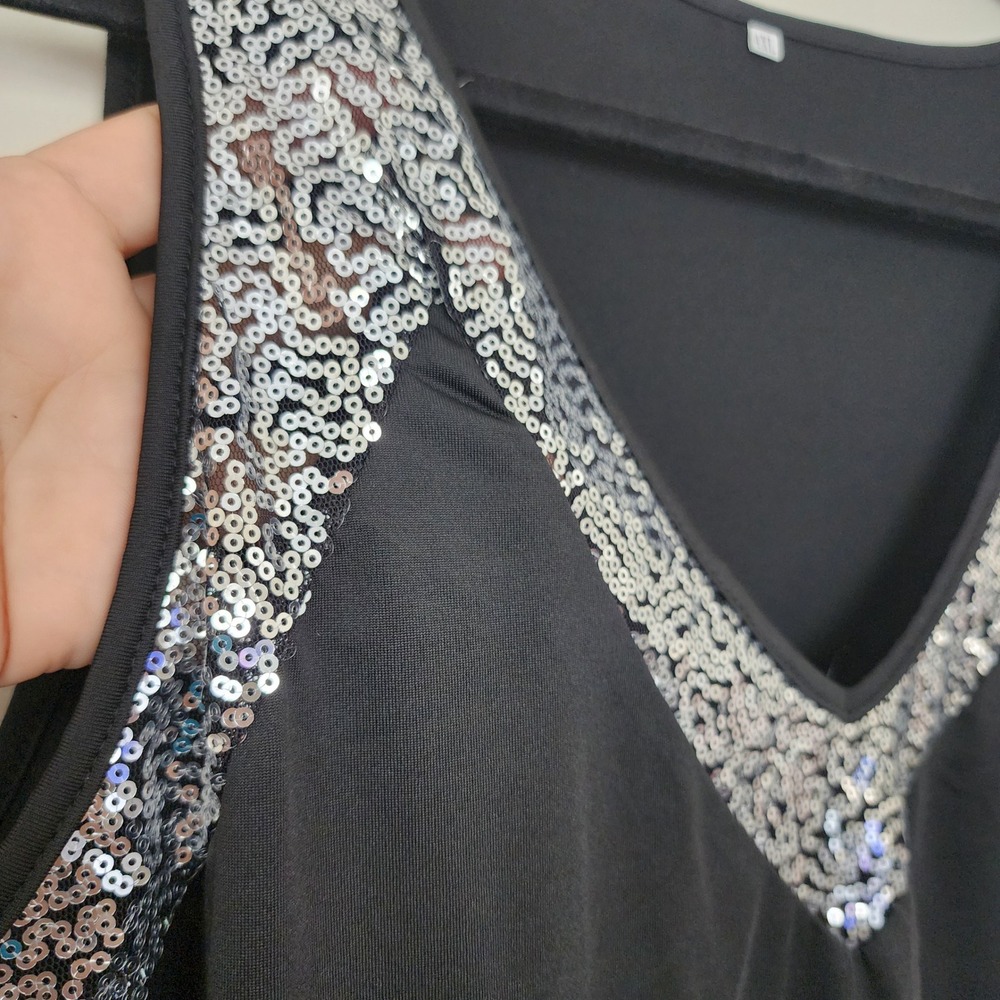 Womens Black Sequin V-Neck Tank Top Sleeveless Plus Size 4XL Party Clubwear - Picture 3 of 6